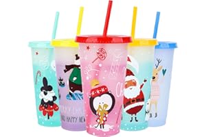 TSLBW 5 Pcs Christmas Color Changing Cup Set with Lids and Straws for Iced Coffee, Santa Claus, Snowman, Reindeer, Gingerbread (Color A)