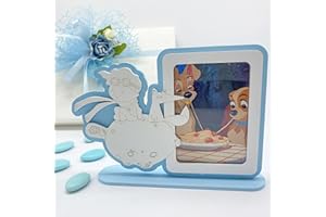 Doni Bomboniere 1 pz. Cornice portafoto con Piccolo Principe e volpe intagliato in due colori bianco e celeste, ideale per battesimo o pensierino nascita
