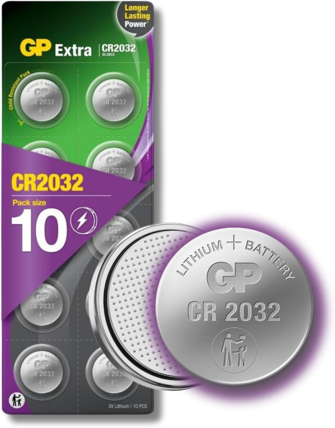 GP Extra CR2032 Batteries 3V Lithium Coin Battery – Pack of 10 – Long Lasting Button Cell Battery for Car Key Fob, AirTag, Scales, Remotes & Toys – Child-Safe Packaging – Replaces DL2032 ECR2032