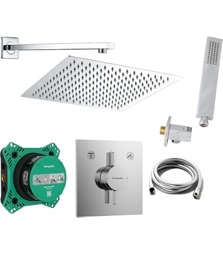 Vanvilla Duschset Mit Hansgrohe Thermostat & Regenduschkopf 30x30 Cm | Unterputz-Set Poliert, Inkl. Handbrause