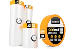 HASKYY Folia maskująca 60 m z taśmą klejącą 55 cm + 140 cm + 270 cm ze złotą taśmą 25 mm x 50 m – 82 m² – malarska folia maskująca – zestaw 4 szt. idealna do użytku wewnątrz – samoprzylepna folia