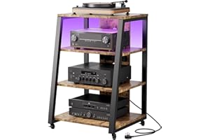 Lifewit HIFI Record Player Stand, 4-Tier AV Media Tower With Power Strips, Audio Rack With LED Lights, Wheels and Adjustable Shelves for Amp/Turntable/Sky Box/Printer, Rustic Brown