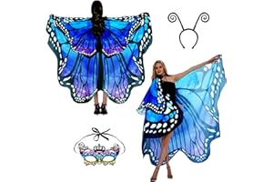 SUNLISKY Schmetterling Kostüm Damen Flügel Schmetterlingsflügel Erwachsene Zweistufiges Faschingskostüme Damen Umhang Verkleidung Schmetterlings Kostüm Zubehör 3Set Gesichtsmaske Fühler Schmetterling Haarreif