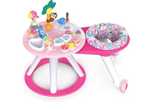 Bright Starts, Around We Go 2-in-1 Walk-Around Activity Center and Table - Tropic Coral, Walker with Music, Lights and Interactive Toys, Removable Seat, Ages 6 Months +, Pink