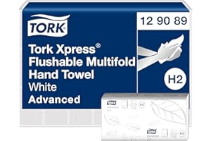 Tork 129089 Xpress Asciugamani piegati a Z Flushable Advanced, compatibili con il sistema H2, 2 veli, 1 conf. da 21 pacchetti x 200 asciugamani, colore bianco