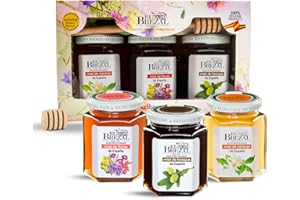 El Brezal - Miel de Flores, Naranjo y Bosque - Natural Honey 100% Cosechada en España, Pack Regalo Sabores de España con Cuchara de Madera Incluida (3 Botes de 250 gr)