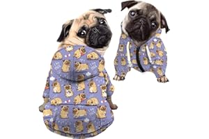 Kuiaobaty Vestiti per cani con stampa carlino carlino, camicia con cappuccio, abbigliamento kawaii per cani in stile cartone animato, maglione blu per esterni per animali domestici