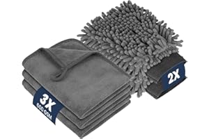 flintronic Zestaw do czyszczenia samochodu, 5 sztuk, 600 g/m2, dwustronna miękka ściereczka i rękawiczki, 3 sztuki ściereczki z mikrofibry samochodowej i 2 rękawice do mycia, bez zadrapań do