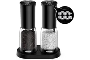 TOMEEM Salz und Pfeffermühlen Elektrisch 2er Set (LED-Display, USB Wiederaufladbarer, Einstellbare Grobheit Keramikmahlwerk, 125ml große Kapazität) Gewürzmühle Elektrisch (Schwarz)