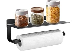 GERUIKE Porta Rotolo Scottex da Cucina Adesivo Parete Senza Forature, con Mensola - Alluminio, Porta Carta Igienica Nero