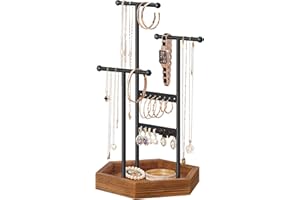 SONGMICS Jewellery Stand, Jewellery Organiser, 4 Independent Zones, Jewellery Display Stand with Metal Frame, Earring Bracelet Necklace Holder, for Rings, Black and Caramel Brown JJS03CB