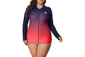 ATTRACO Womens Rash Vest Plus Size Long Sleeve Swim Top Zipper Long Sleeve Rash Guard UPF50+ Swimsuit