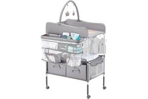 VEVOR Baby skötbord, vikbar blöjbytesstation med 2 tyglådor, sidokorg och hängande stång, justerbar höjd, bärbart skötbord med låsbara hjul och 2-stjärniga leksaker