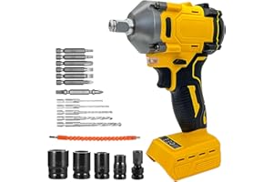 GIZCGIAL Cordless Impact Wrench for Dewalt 20V Battery,Max Torque 520N.m,1/2" Brushless Impact Gun with 18pcs Accessories,for Car Tire DIY Craft (No Battery)