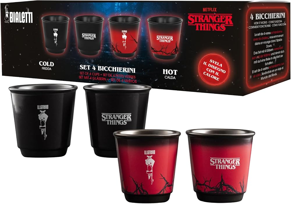 Bialetti Stranger Things 4'lü Kahve Fincanı Seti, Isıya Duyarlı, Renk Değiştiren, Bulaşık Makinesinde Yıkanamaz - Her biri 80 ml, Siyah
