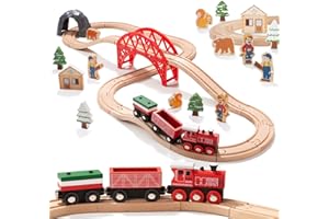 Giant bean Train en Bois pour Tout-Petits, Set de 36 Pièces sur Le Thème de la Forêt, Jouet Ferroviaire en Bois pour Enfants, Filles et Garçons de 3 à 7 Ans​ (Rouge, Bois)