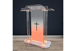 BIXUYOU 122cm Cross Acrylic Podium for Churches with LED Lights, Transparent Church Pulpit with Wheels, Acrylic Lectern with Incline Reading Platform for Speech
