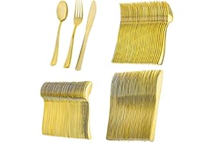 GJIE 150 Elegant Gold Plastic Cutlery Set - 50 Knives, 50 Forks, and 50 Spoons - Hand Washable and Reusable Heavy Duty Tableware for Weddings Birthday Party and Events (150 Pcs)