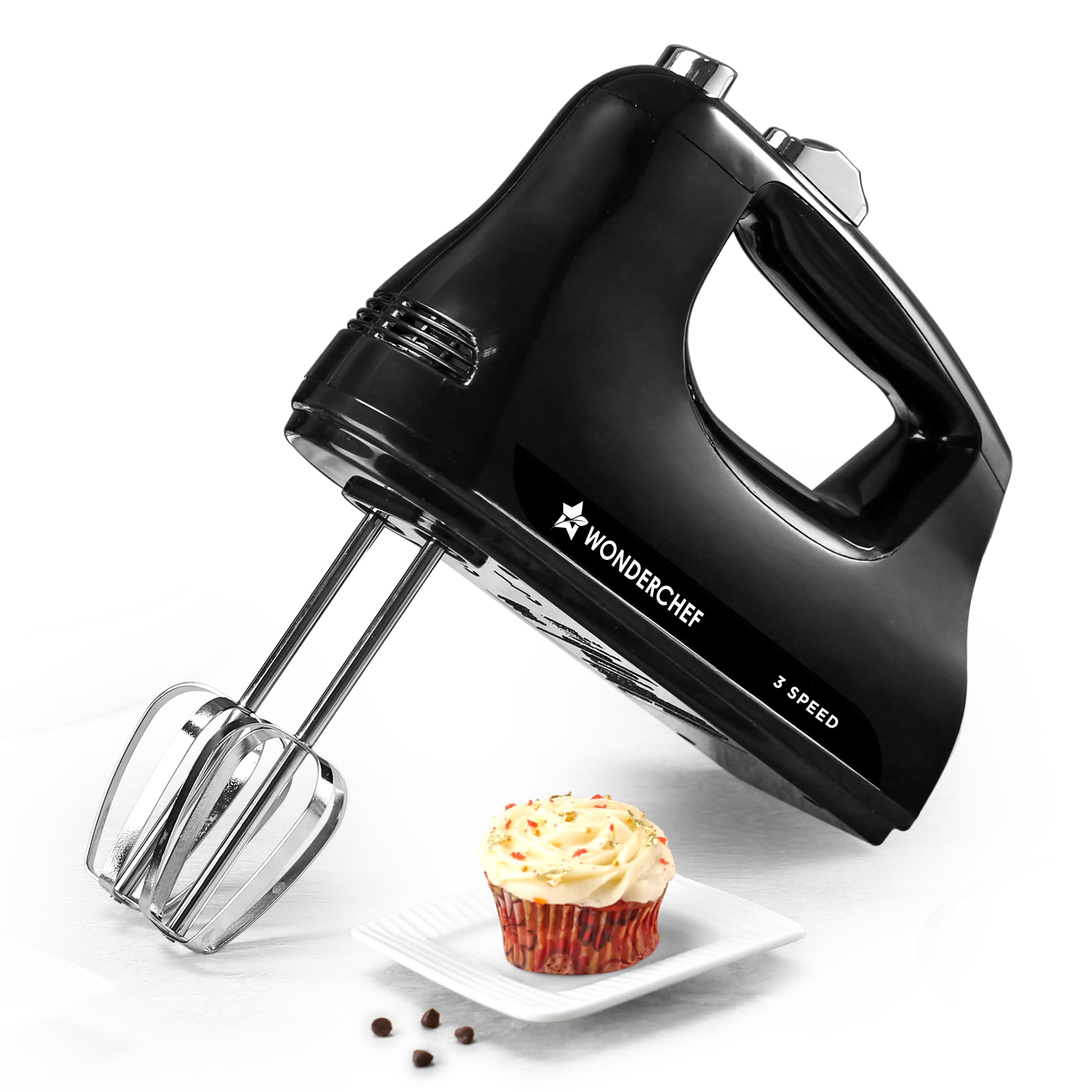 Wonderchef Essenza Hand Mixer | 3 Variable Speed Settings | 300W | For Beating, Whisking, Whipping, Kneading | Stainless-steel Beater and Kneader Attachments | Low Noise | Black | 2-Year Warranty