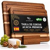 WATEGOOS Pack of 2 Acacia Wood Kitchen Cutting Boards + Stand Included | 38 x 25 &middot; 35 x 20 &middot; Juice collection channel &middot; Premi
