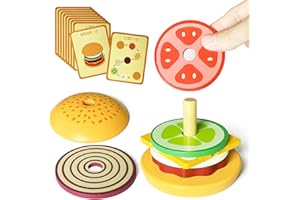 GOUJFOL Hamburger in Legno Impilare Giocattolo, Cucina Giocattolo per Bambini Legno Realistico Pane Hamburger Modello Puzzle Giochi da Impilare Cibo Giocattoli Montessori Regalo per 2+ Anni