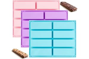 EMODWEY Rettangolari Antiaderente Energetich,Set di 3 Stampi Rettangolari in Silicone per Barrette di Cereali, 8 Cavità per Stampo, Antiaderente e Flessibile, Ideale per Dolci, Cioccolatini e Snack