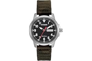 Citizen Men's Sport Casual Garrison 3-Hand Day/Date Eco-Drive Nylon Strap Watch, Arabic Markers, 100 Meters Water Resistant, Luminous Hands and Markers