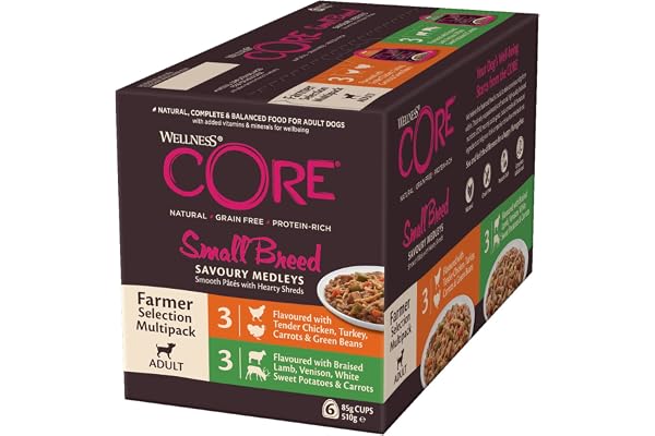 Wellness CORE Savoury Medleys 6 x 85g, Multipack, Sélection Farmer – Pâtée pour Petits Chiens, sans Céréales, Naturelles, Hypoallergénique, Riche en protéines, À Haute Teneur en Viande,