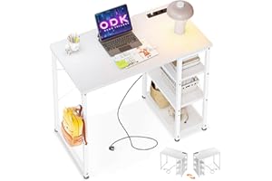 ODK Kleiner Schreibtisch Weiß, 80x40x75cm Computertisch mit 3 Steckdose und USB Ladeanschluss, PC Tisch mit Umkehrbarem Regal Tisch Klein fürs Büro, Wohnzimmer