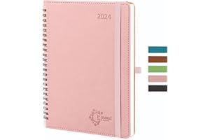FASOOD Agenda 2024 Semainier A5, Agenda Journalier 12 Mois: Janvier 2024 à Décembre 2024, Agenda Scolaire Couverture en PU Cuir, Avec Passant pour Stylo, Rose