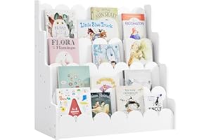 Hironpal Kids Bookshelf Wooden 4 Tier Scalloped Bookshelf Toddler Montessori Bookcase Children Front Facing Display Book Shelves for Nursery Kids Room Reading Room Bedroom Classroom (White)