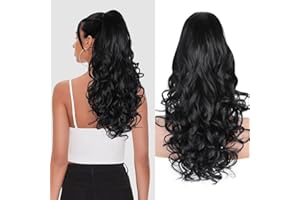 ALILEADER 24 Inch Black Ponytail Extension, Layered Pony Tail Hair Pieces for Women, Soft Wavy Claw Clip Ponytail Hair Extensions, Natural Synthetic Hair Pieces for Women Clip In (Color: Black)