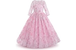 IWEMEK Fleur Filles 3/4 Manches Brodé Floral Tulle Maxi Longue Princesse Robe de Mariage Honneur Première Communion Robe de Soirée Anniversaire Fête Robe de Bal Habillée Enfants