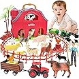 BOLZRA Red Barn Farm Animals Toy for Toddlers, Farm Figures Farmer Toy Truck with Trailer Preschool Learning Toys Christmas Birthday Gift for Boys Girls