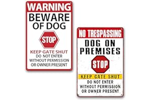 YUNRUILY 2 Pack Warning Tin Signs Beware of Dog Signs For Fence-Keep Gate Shut No Trespassing Dog On Premises Sign-Weatherproof Warning Dog Sing for Fence Door or Gate 12x8inch