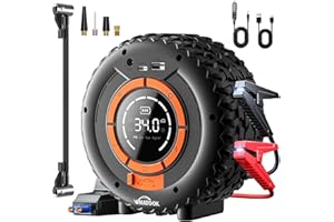 WHATOOK Batería de arranque con compresor: 6000 A 150 PSI, arrancador de coche para gasolina de 10,0 L y 8,0 L diésel, 12 V Booster con luz de emergencia, cable de puente, bomba de neumáticos, batería