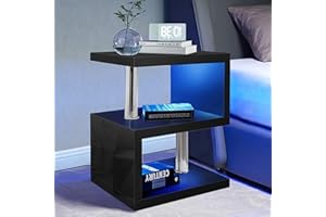 Blisswood High Gloss Bedside Table, Small End Table with Storage Shelf, Led Side Table Small Spaces, Slim Coffee Tables, Black Nightstand, Sofa Table for Living Room, Bedroom