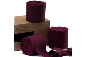 Nastro bordeaux in chiffon per confezioni regalo, FAKILO Nastro con frange 3 rotoli 3,8cm x 19,5 m Set di nastri vintage per inviti di nozze, decorazioni per compleanni/feste, bouquet da sposa