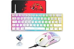 ZIYOU LANG 60% Compact RGB Gaming mechanische Tastatur Weiß Set Combo - Blauer Schalter - Mini QWERTY Layout Abnehmbares USB-C Kabel - 12000 DPI Bienenwabe Programmierung Maus für pc ps4 Xbox Tablet