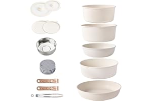 RIOVARM Induction Batterie de cuisine avec Poignées Détachables, Empilables Antiadhésive Granit Sets de poêles et casseroles avec Couvercles, Peu encombrant Poêle à frire Sans PFOA