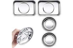 BODESHIS 2-Piece Magnetic Tray, Magnetic Parts Tray Set for Mechanics and DIY, Stainless Steel Magnetic Screw Tray with Strong Hold, Round and Rectangle Tool Trays (10cm Dia, 9.2x6.5cm)