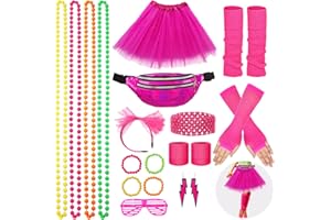 WILDPARTY 21PCS 80er Jahre Outfit Damen Accessoires Set, Beinwärmer, Netzgarnrock, Bauchtasche, Fingerlose Netzhandschuhe,Stirnband, Halskette,Armband, Neon 80 Jahre Party Damen