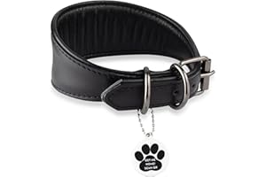 FAVPET Collar Galgo Ancho de Cuero Suave con Etiqueta ID QR para Galgos Italiano y Español, Saluki, Whippet, Borzoi, Lurcher, Greyhound, Podenco, Collar Perro Galgo Piel, Collar Perro Cuero Negro (S)