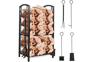 CAMPSOR Kaminholzregal Innen mit 4 Kaminwerkzeug, Kaminholzregal Brennholzregal Außen Modern Metall 74x40x30cm, Kaminholzständer für Kamin Kaminofen Besteck Schmiedeeisen (Eisen) (Eisen)