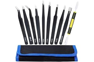 LUCKYNONO Precision ESD Tweezers Set, Anti-Static Stainless Steel Tweezers Set Kit Perfect for Electronics, Craft, Jewellery, Soldering, Laboratory Work and Detailed Work 10pcs