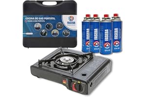 FASEBA Hornillo de camping con 4 cartucho de gas; cocina de gas portátil incluye maletín de transporte y 4 cartuchos de butano BTN 250. Adaptada y homologada. cocina portátil camping, cocina gas cartucho.