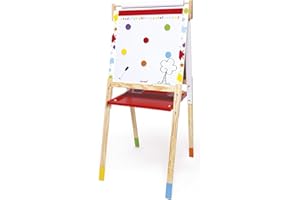 Janod - Pizarra de Madera Doble Cara Splash - Evolutiva, Ajustable en Altura - Pizarra Blanca Magnética + Pizarra para Tiza - 13 Accesorios Incluidos - Desde 3 años, J09611, Multicolor