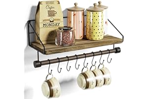 Alsonerbay Floating Shelves Wall Mounted Solid Wood Wall Shelf Decorative Storage Shelf with 8 Removable Hooks, Towel Bar and Foldable Metal Grid Bracket for Bathroom, Kitchen Carbonized Black