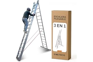 NAWA HOME & WORK BTF Escalera de Aluminio Extensible 3 tramos transformable en Tijera, 3.5+3.5+3.5 Metros, 13 peldaños por Tramo | Ideal para Trabajos en casa, Chalet, finca Rural o Local Comercial. BTF-ETTB6735
