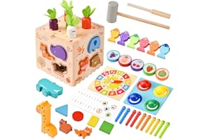 YAOZUP 8 en 1 Juguetes Montessori 1 2 3 4 años, Cubo de Actividades de Madera para Bebés, Cubo Actividades Educativo Juguetes Montessori con la Cosecha de Zanahoria, Juego de Pesca Magnética, etc